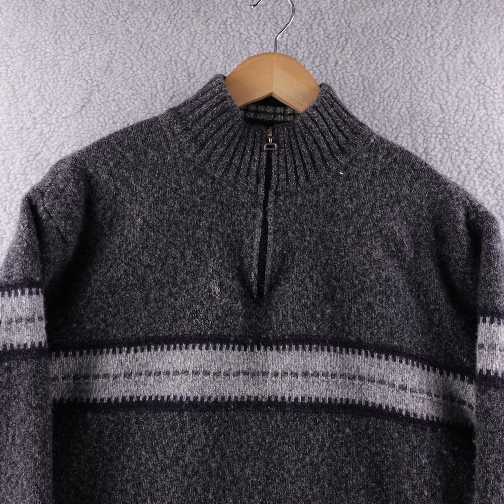 Vintage Iceland Mens L Gray Wool Blend Fair Isle Stripe Quarter Zip Sweater