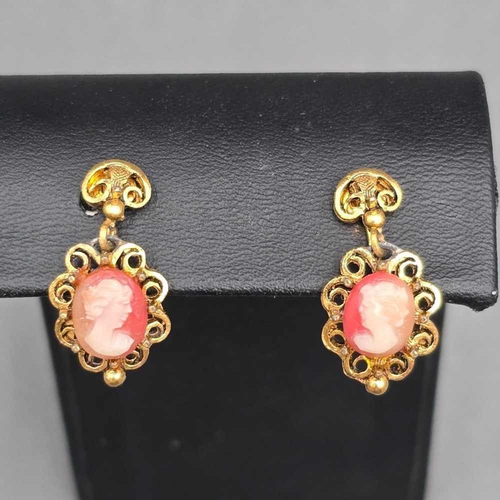 Vintage Avon Faux Cameo Drop Earrings Gold Tone Resin Victorian Revival Clip On