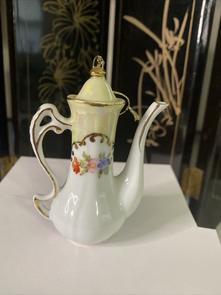 Vintage Christmas Ornament Miniature  Flowers w/ Gold Accent Porcelain Teapot-image