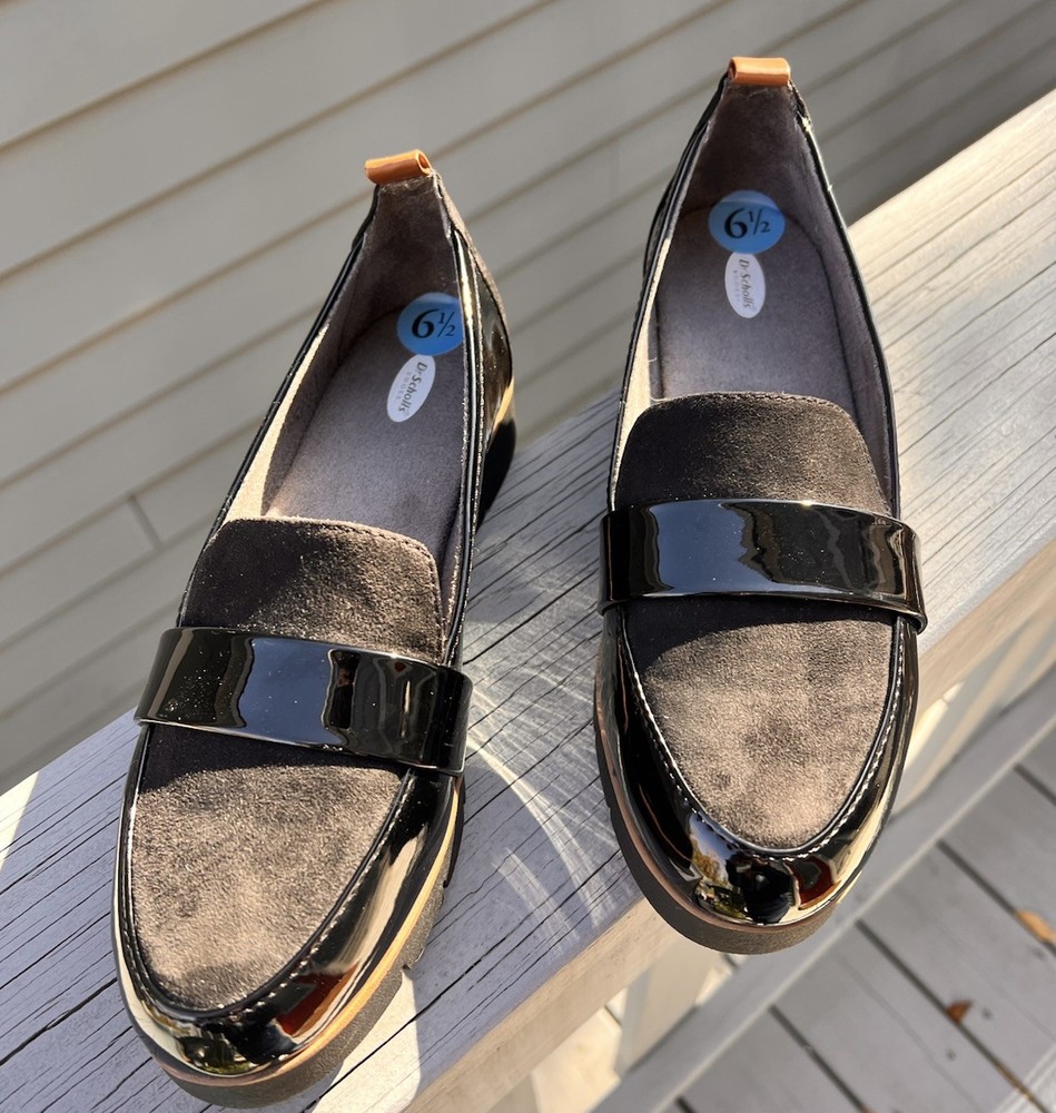 Dr Scholls Webster Slip-on Loafers Women Sz 6.5  Patent Leather Faux Suede NWOB