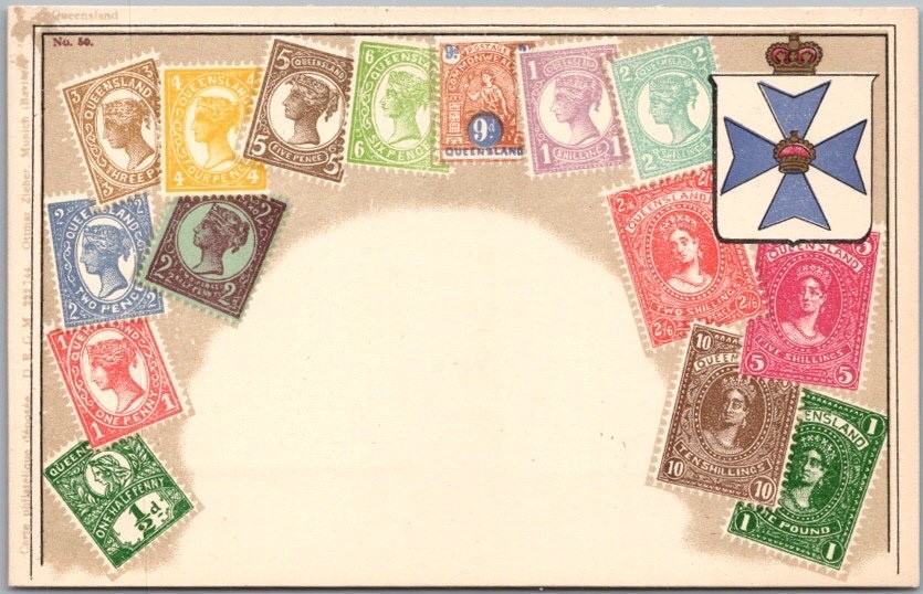 Vintage QUEENSLAND, AUSTRALIA Stamps Embossed Postcard / Ottmar Zieher Munich