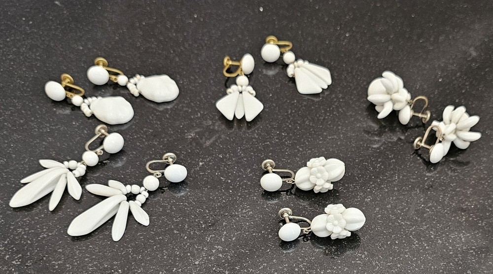 5 PAIR - Vintage W. Germany Milk Glass Screwback Earrings MCM