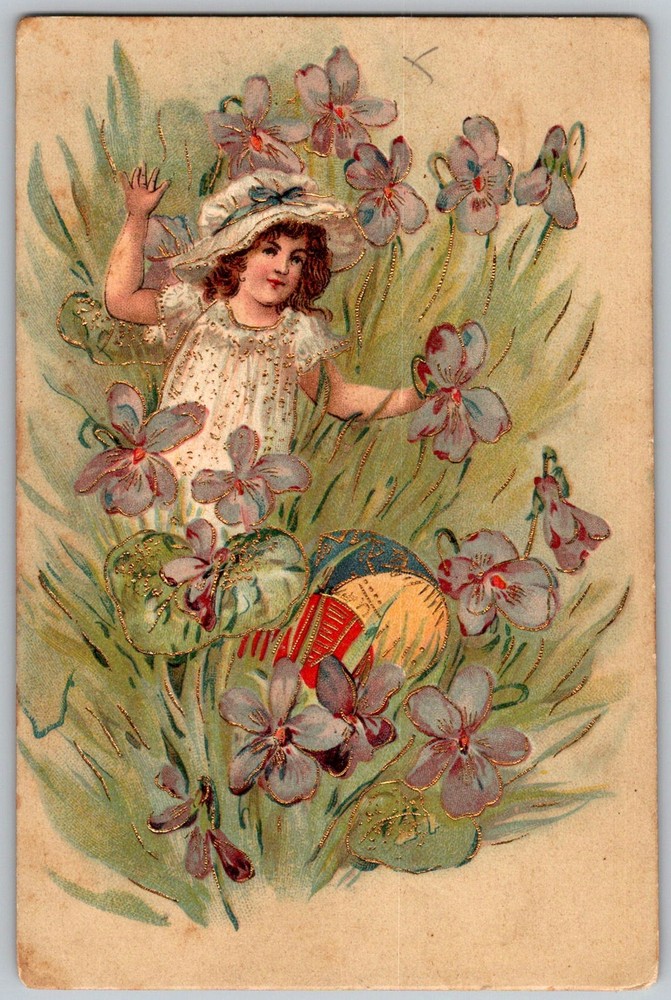 Antique Postcard Girl Easter Eggs 1910s