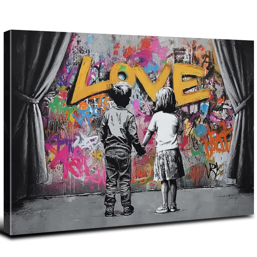 Banksy Canvas Wall Art Abstract Graffiti Child Couple Behind The Curtain Pict...-image