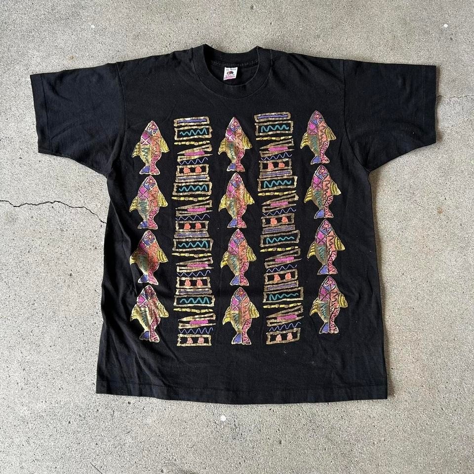 Vintage 90s abstract fish native art big print graphic tee shirt tshirt-image