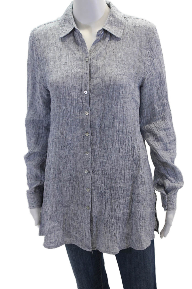 Tahari Womens Button Front Long Sleeve Collared Linen Shirt Blue Size MediumFree Shipping in US $100+ Orders | $6.95 Orders Below