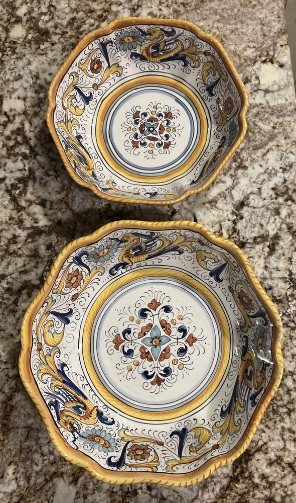 TWO Deruta Italy Yellow Dragon Bowls - 10