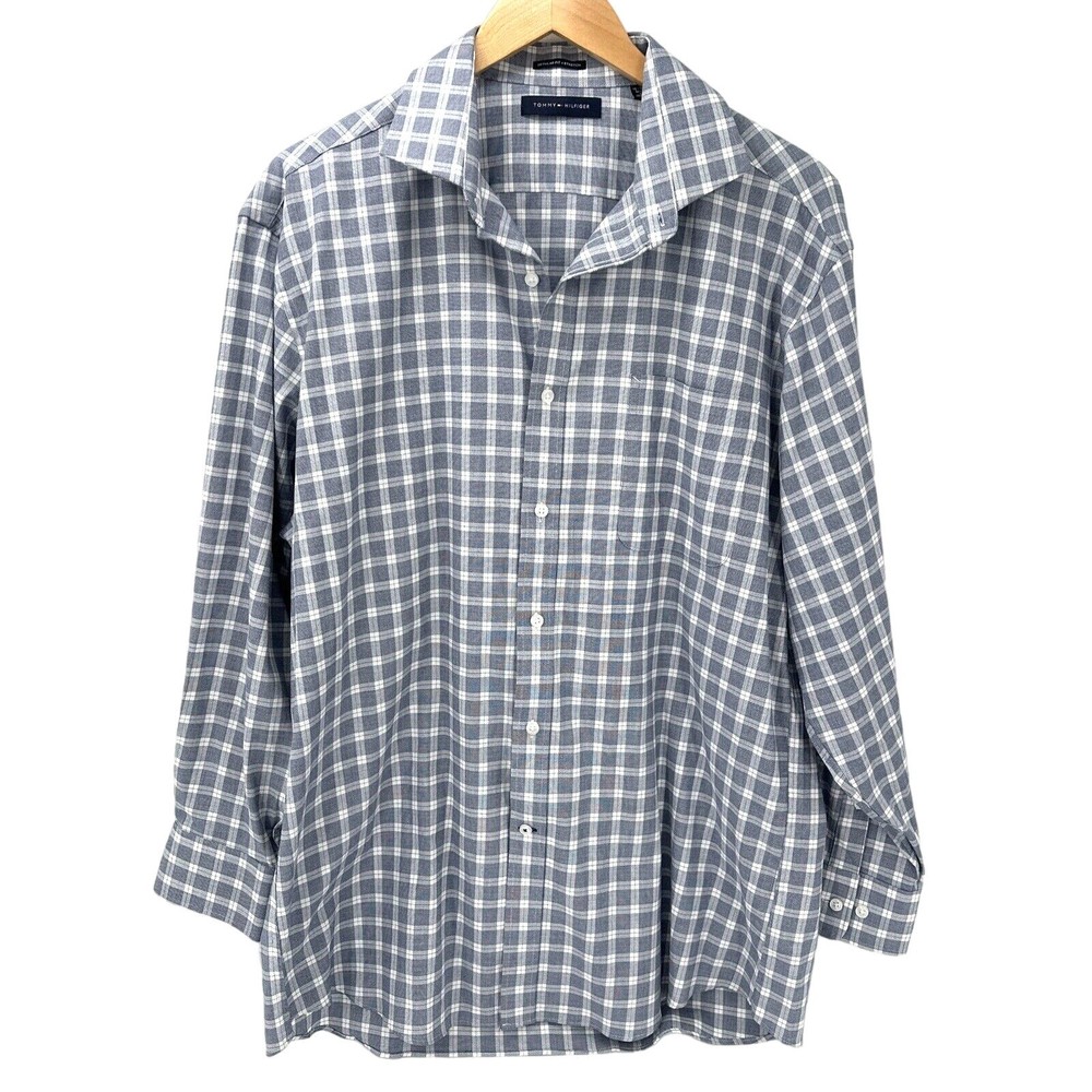 Tommy Hilfiger Shirt Mens Large 16-16.5 Blue Plaid Regular Fit Stretch Button Up