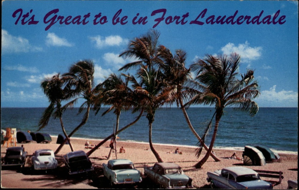 Fort Lauderdale Florida beach palm trees sand 1950s cars 1957 vintage postcard