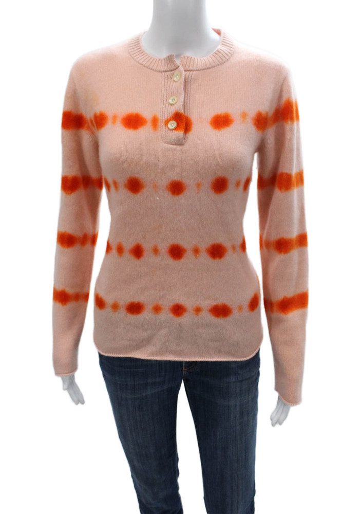 The Elder Statesman Women Pink Cashmere Striped Henley Sweater Size MFree Shipping in US $100+ Orders | $6.95 Orders Below