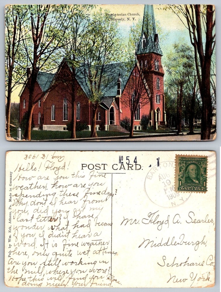 1908 Presbyterian Church Waverly NY Postcard, Wm. Erk, Barton Postmark