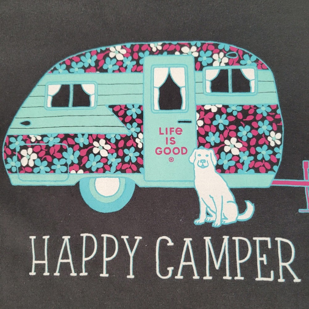 Life Is Good Shirt Womens XL Black Floral Happy Camper Dog Crusher Tee New