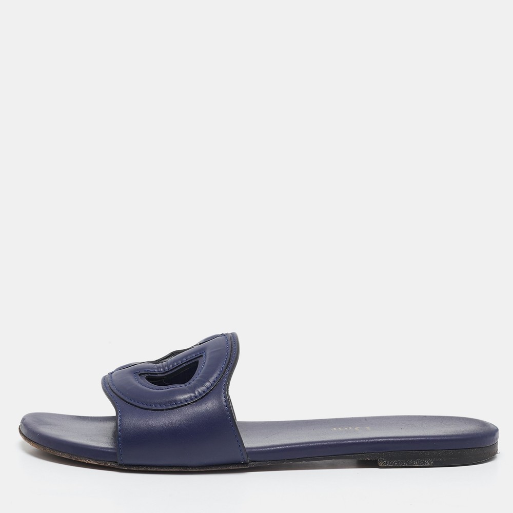Dior Navy Blue Leather D Club Slide Flats Size 36
