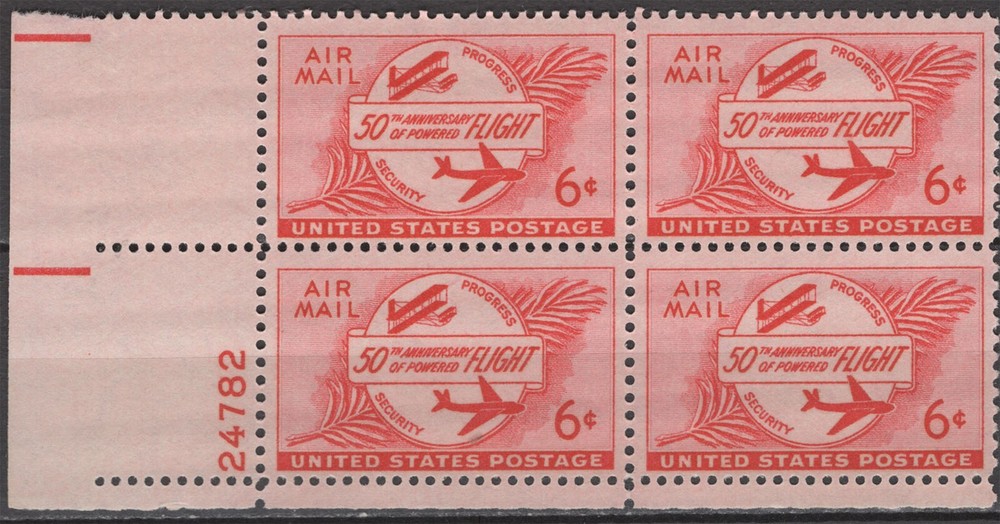 1953 6¢ Airmail Powered Flight Mint Never Hinged Plate Block of 4 Stamps SC# C47