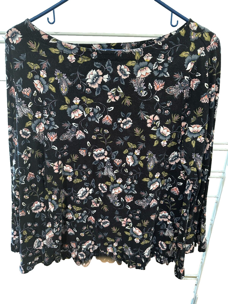 Ann Taylor LOFT black floral paisley ruffled hem long sleeve women's size L