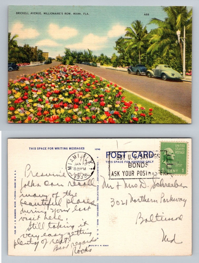 Miami, FL-Florida, Brickell Avenue Millionaire's Row Vintage c1939 Postcard
