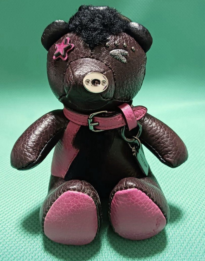 Coach Outlaw Teddy Bear Charm Keychain with Glitter Studs in Brown & Pink