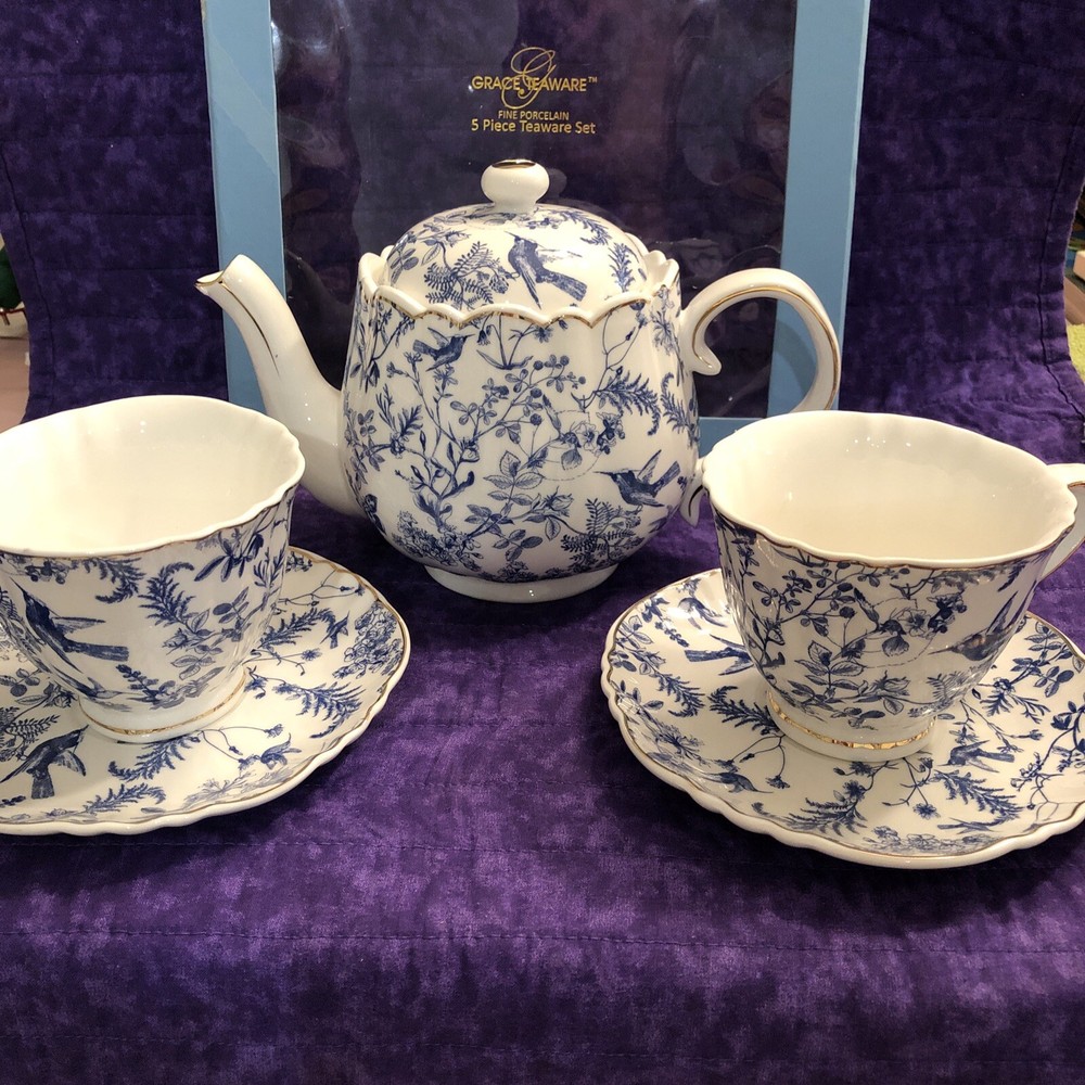 Grace Teaware 5 Piece Gift Set: Teapot. 2 Cups and Saucers In Blue Gift Box