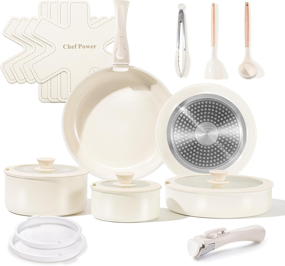 Ceramic Cookware Set with Detachable Handles, Healthy Nonstick Pans and Pots Set