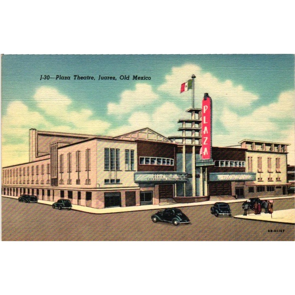 Vintage Plaza Theatre Juarez Old Mexico Linen Postcard Art Deco C.T. Colortone