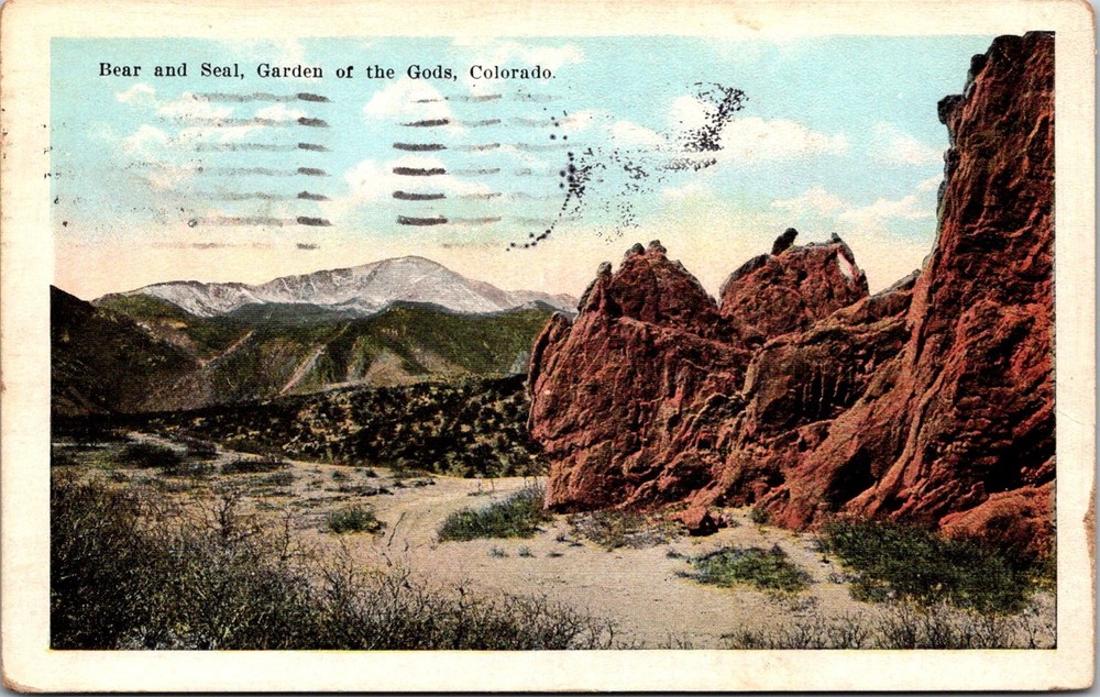 Dr Jim Stamps Bear and Seal, Garden of the Gods Colorado Vintage Postcard