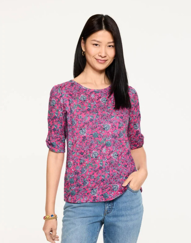 NEW Talbots Elbow Sleeve Knot Top - Jumping Jacobean, BRIGHT PINK MULTI