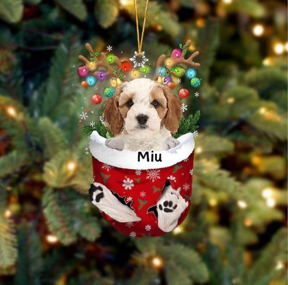 Cavapoo In Snow Pocket Christmas Flat Acrylic Dog Ornament