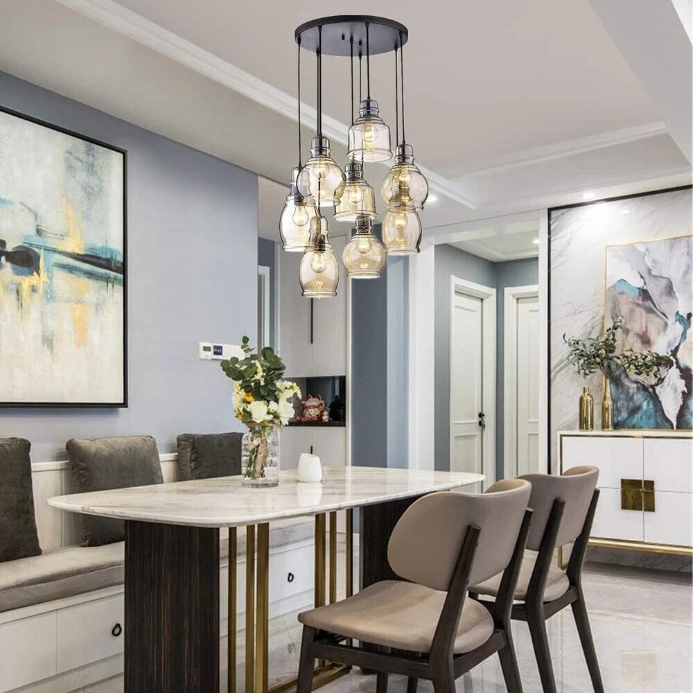 8-Light Cognac Glass Cluster Pendant in Antique Black Finish Round Base Fixtures