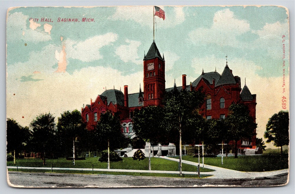 Saginaw Michigan~City Hall Bldg Exterior View~PM 1908~EC Kropp~Vintage Postcard