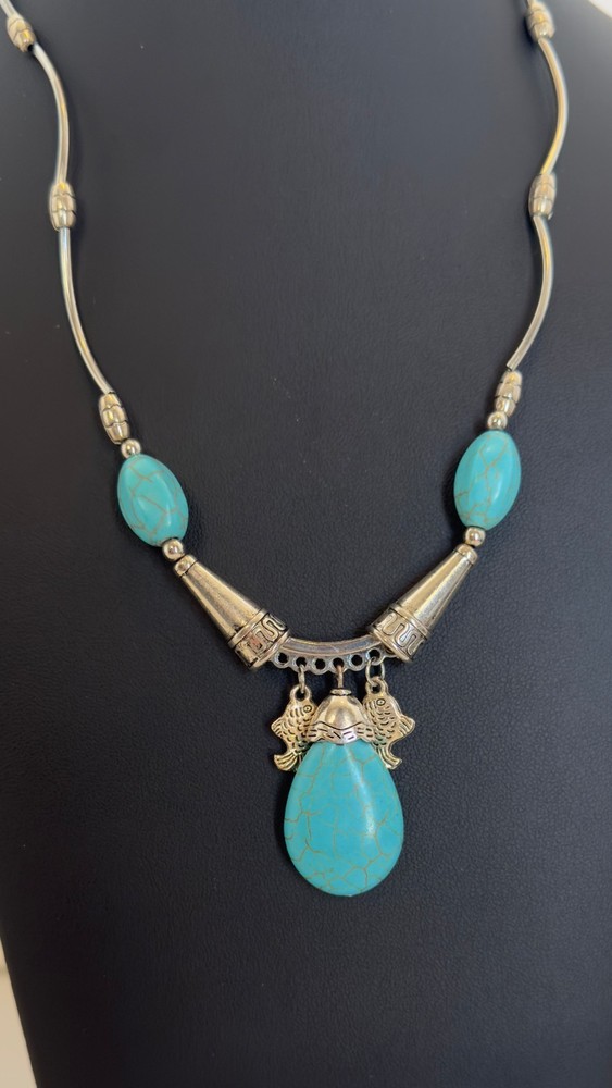 Faux Turquoise Howlite Teardrop Fish Charm Beaded Silver Tone Statement Necklace