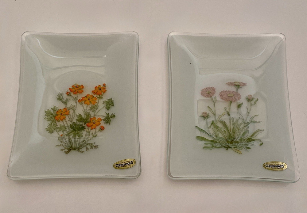 Vintage COUNTERPOINT Set of 2 Floral Glass Trinket Dishes Made in Japan