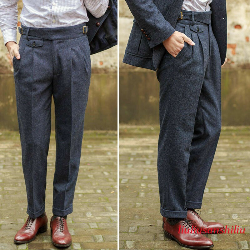 Men's Woolen Gurkha Pants Tweed Suit Pants Casual Formal Trousers Belted Adjust