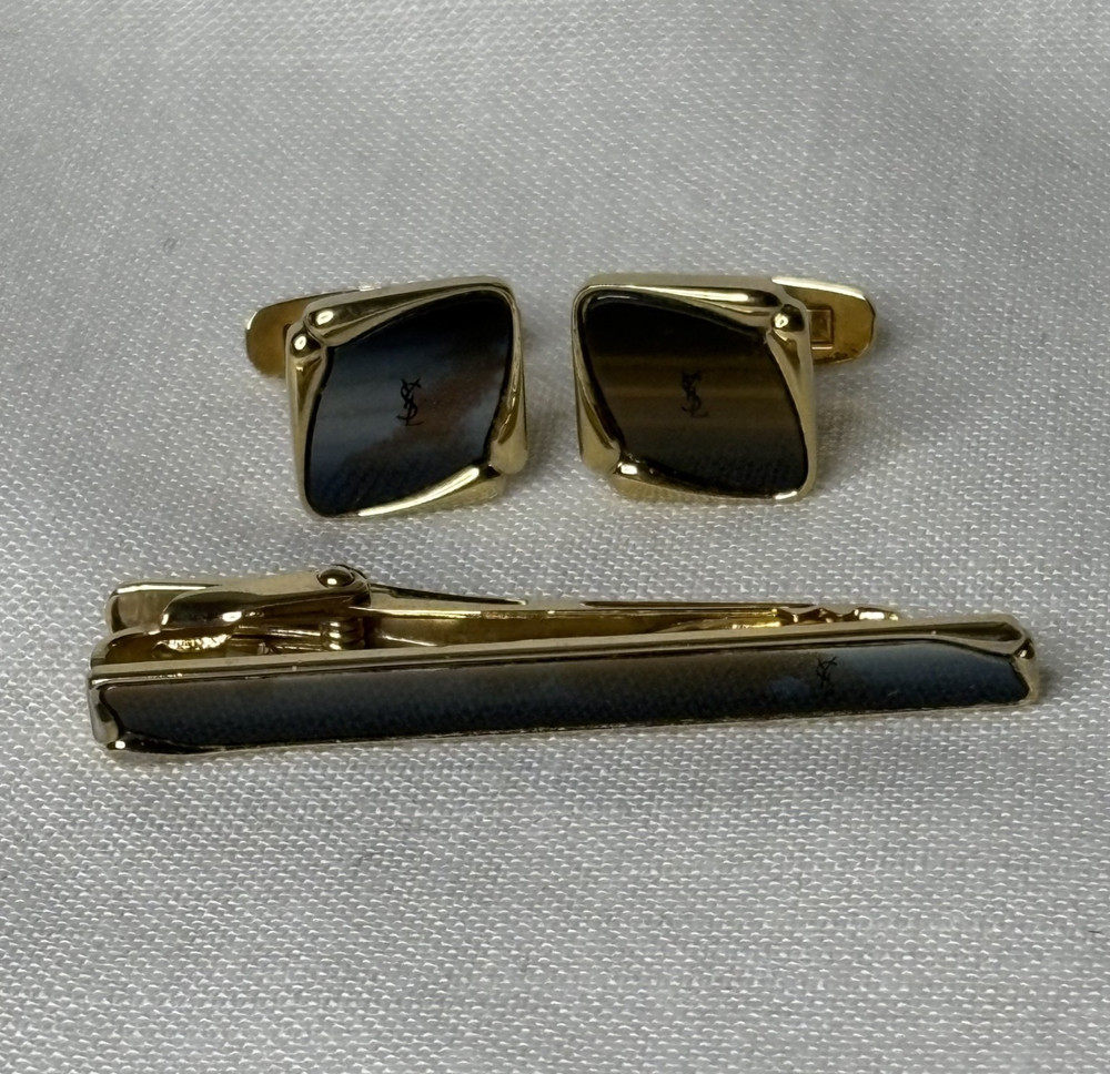YVES SAINT LAURENT Vintage Tie Clip & Cufflinks Set YSL Logo Gold Tone