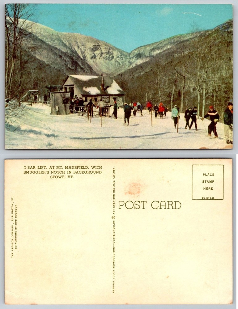 Stowe VT T-Bar Lift Mt Mansfield Smuggler's Notch Skiing Curteichcolor Postcard