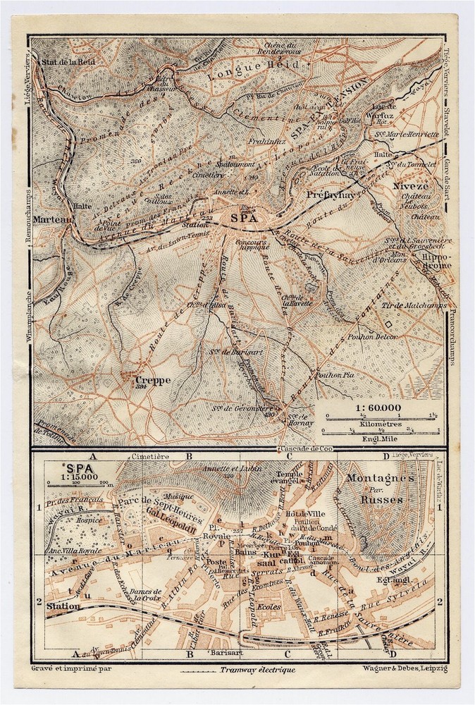 1910 Antique City Map Of Spa And Vicinity / Wallonia Liege / Belgium