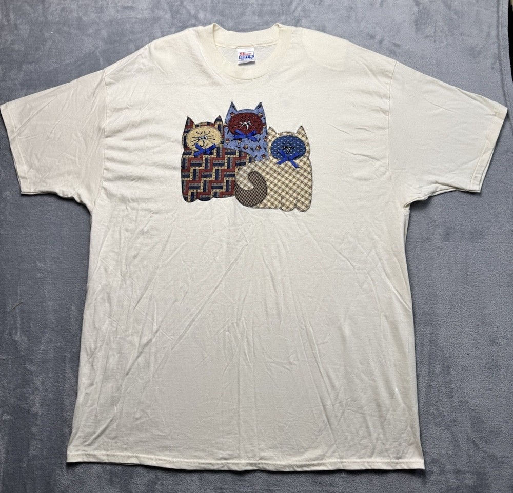 Vtg Hanes Beefy-T 3XL Double Sided T Shirt Kitty Cat Embroider Single Stitch 90s