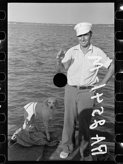 Photo:Seaman with Dog Waterfront 1930s 1940s Sailor Portrait