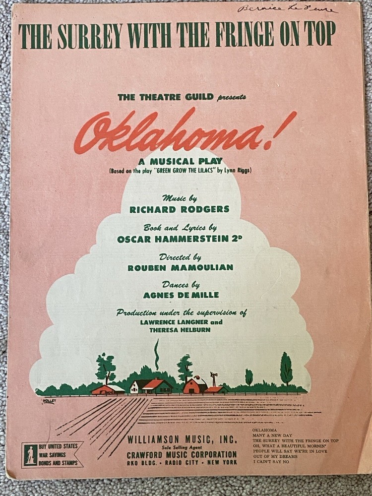 1943 THE SURREY WITH THE FRINGE ON TOP Sheet Music OKLAHOMA Rodgers Hammerstein