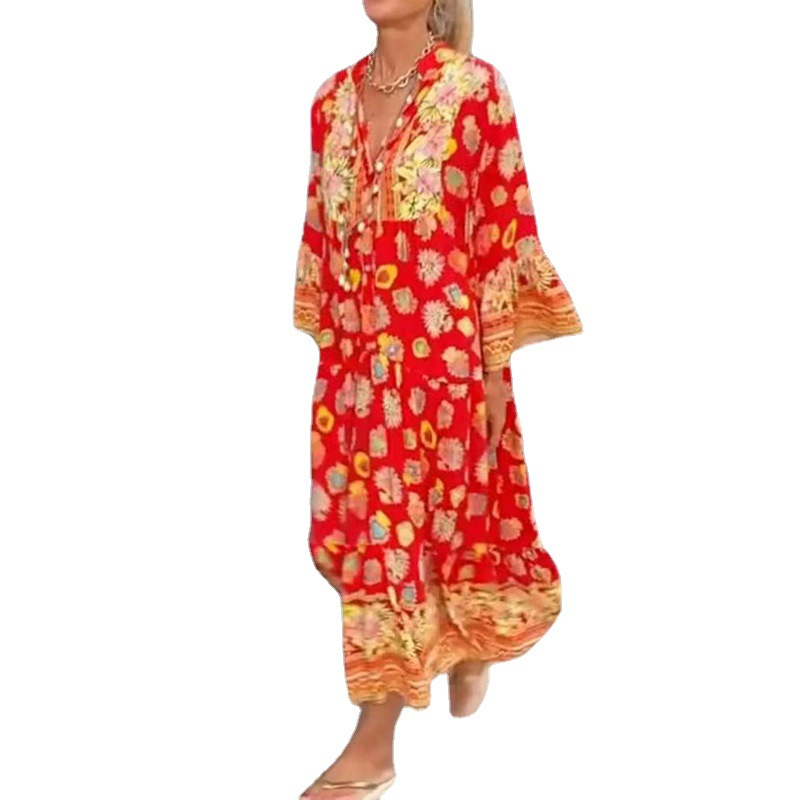 Women's Dress with Printed Large Swing Elegant Floral Slim Fitting Long Skirt