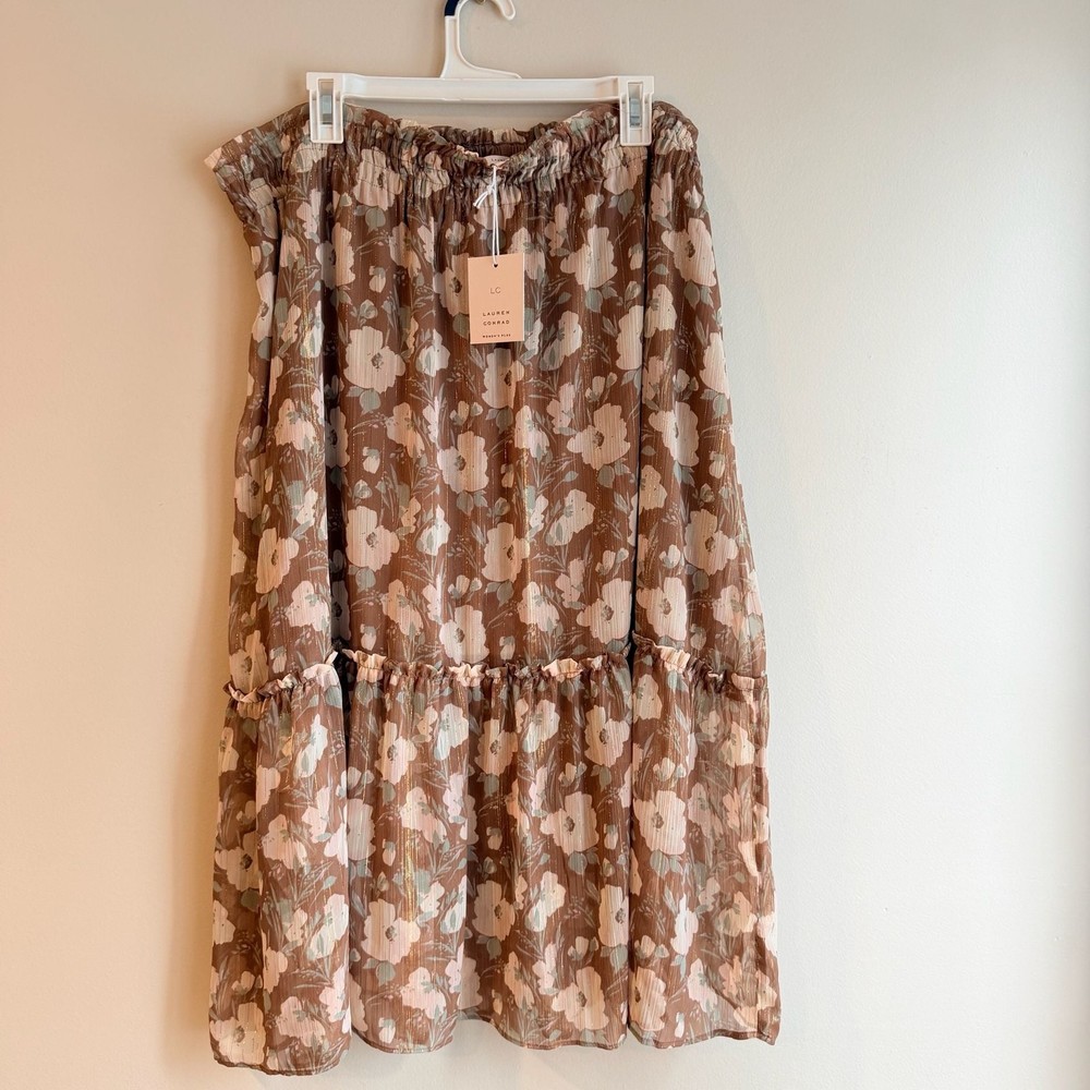 NWT LC Lauren Conrad Women's Plus 2X Floral Ruffle Tiered Midi Skirt in Brown an