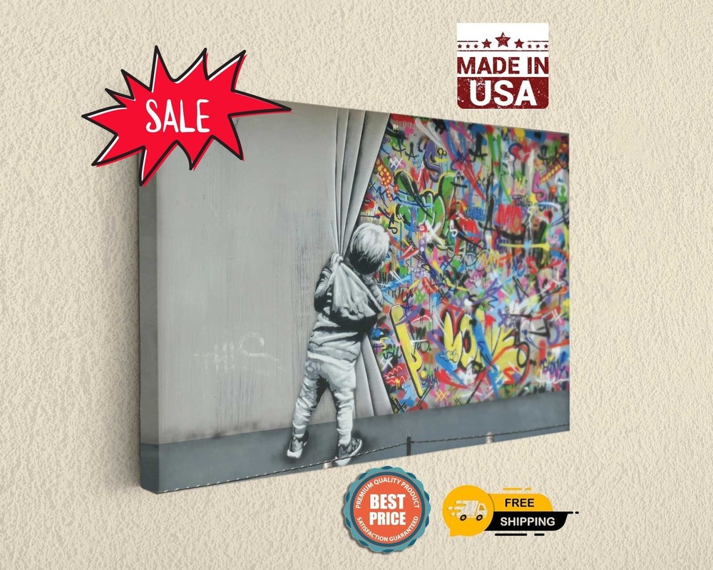 Banksy Canvas Art Kids Open Curtain Graffiti Print Home Decor Wall Art