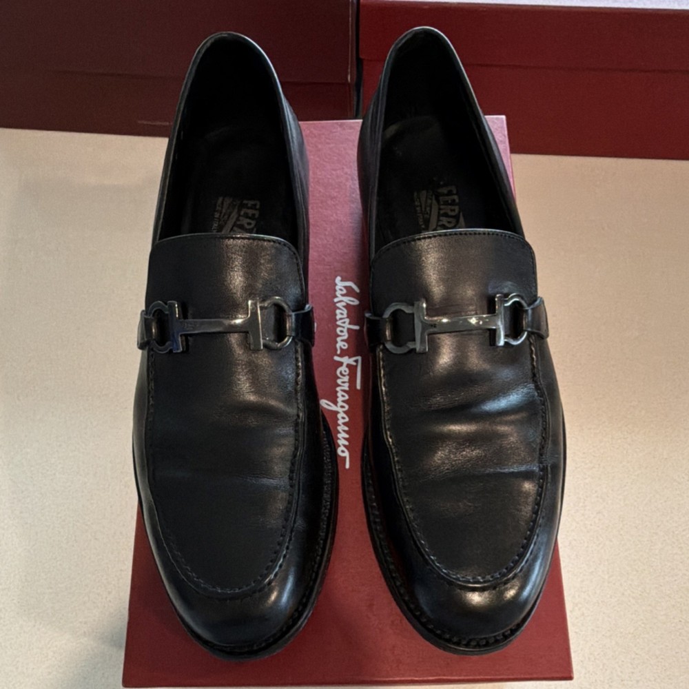Salvatore Ferragamo Men's Black Leather Loafer Shoes Slip On Metal Bit 9 Firenze