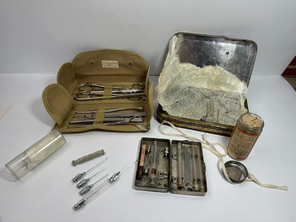 Vintage Medical Supplies Stainless Steel needle,Glass syringe, Army Surgical Kit