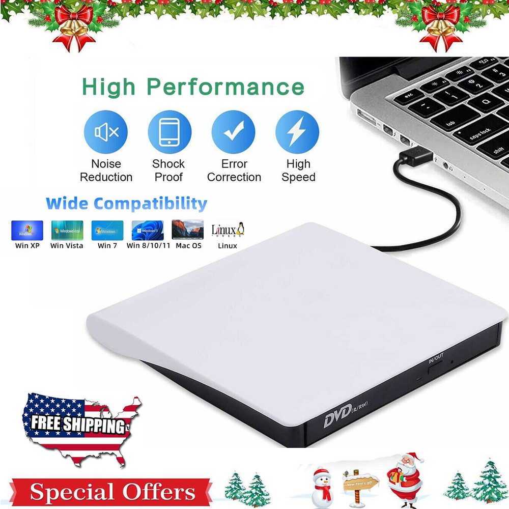 External USB CD/DVD Burner Drive for Windows 7 10 11 Laptop PC