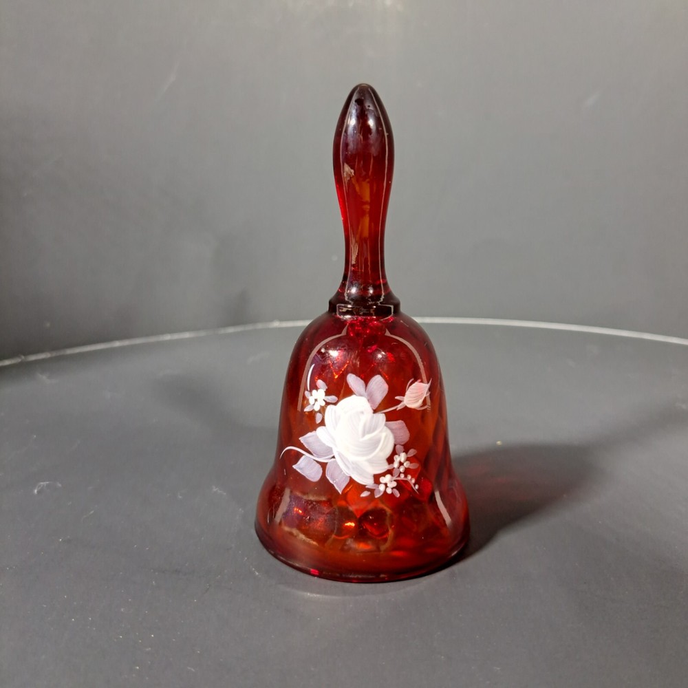 Authentic Vintage Fenton Red Glass Bell Handpainted & Signed Frida Hubbard