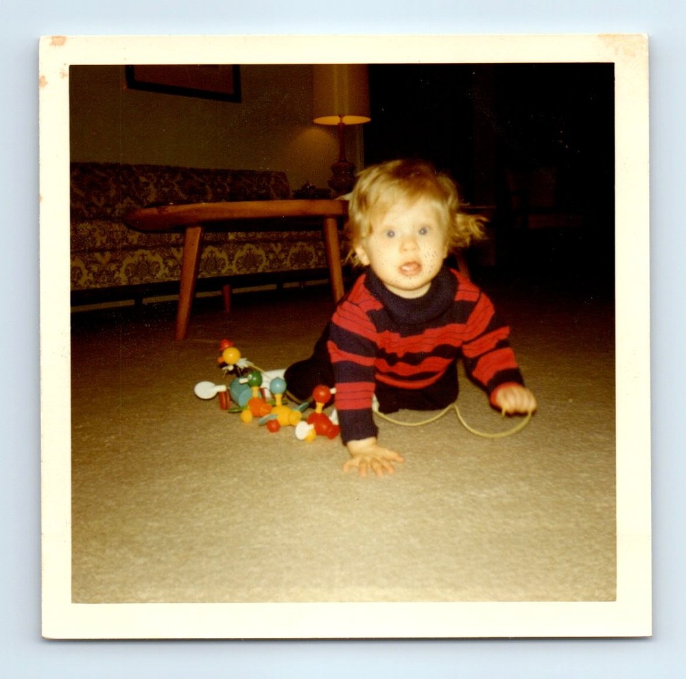 Old Vintage Square Color Photo SOLO TODDLER BOY TOYS LIVING ROOM FLOOR PICTURE