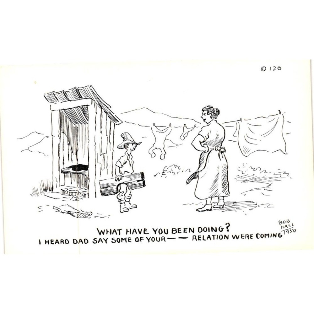 Vintage 1950 Bob Hall Comic Postcard Outhouse Humor Glacier Stationery Montana