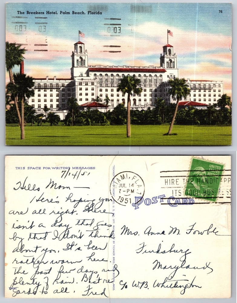 The Breakers Hotel Palm Beach Florida 1951 Linen Postcard Tichnor
