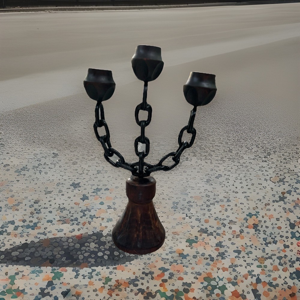 Iron Chain Carved Wood Bell Candle Holders Candelabra Gothic Medieval