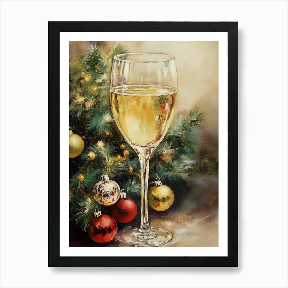 White Wine and Christmas Ornaments Framed Wall Art Canvas Print